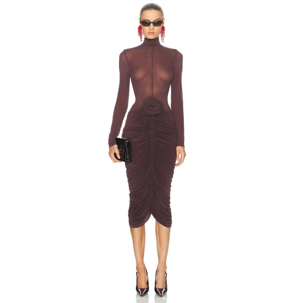 Magda Butrym Long Sleeve Sheer Midi Dress in Burgundy